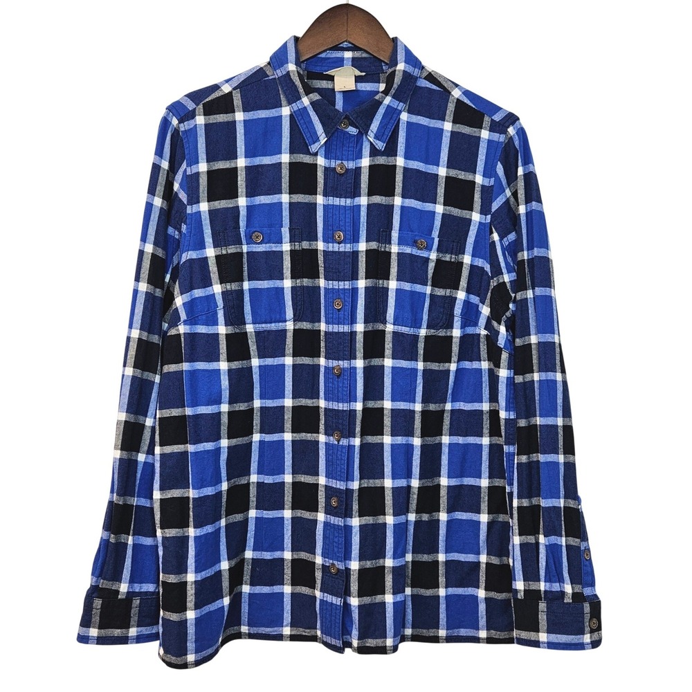 Duluth Trading Co Women's L Free Swingin Flannel Shirt Blue Black Plaid L